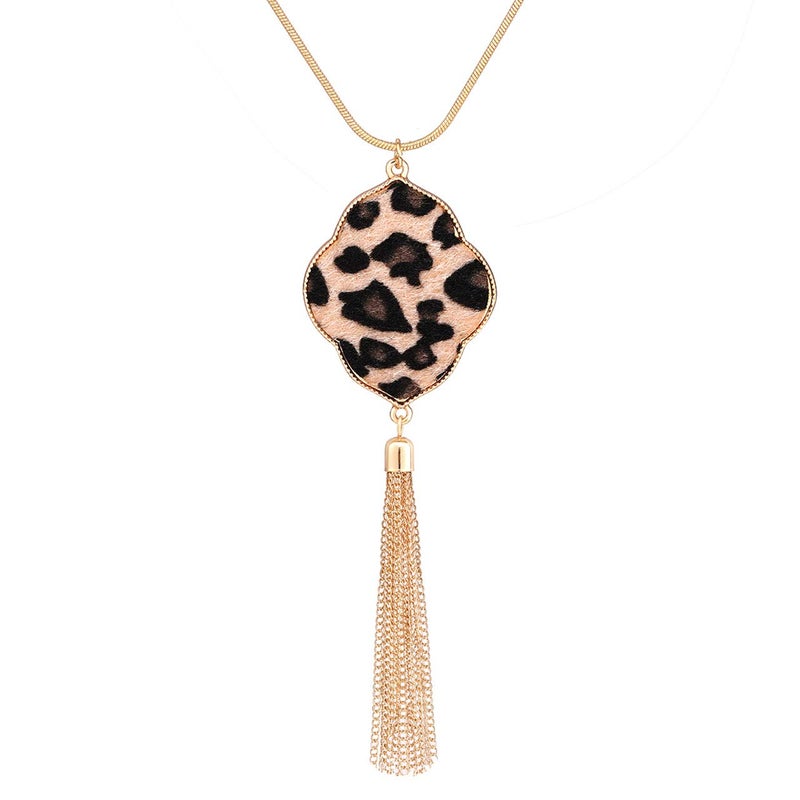 PHALIN Long Necklace for Women Leopard Quatrefoil Pendant Necklace Bohemia Fringe Tassel Necklaces Y Chain Necklace Fashion Jewelry (A Gold-Leopard) - Image 1